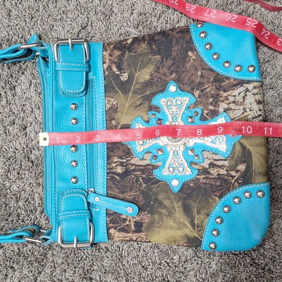 Faux leather and camouflage canvas studded rhinestone crossbody bag - teal/green - Picture 9 of 12